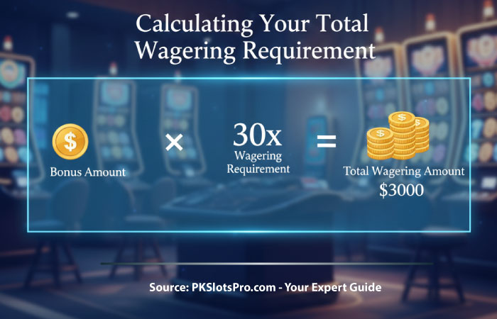 A visual formula showing how to calculate total wagering requirements: Bonus x Multiplier = Total Bet.