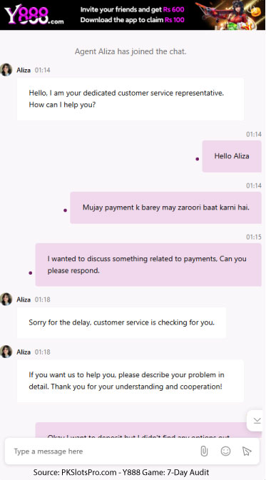 Analyst Momin Khan verifying Y888 Game customer support response times via live chat for Pakistani users.