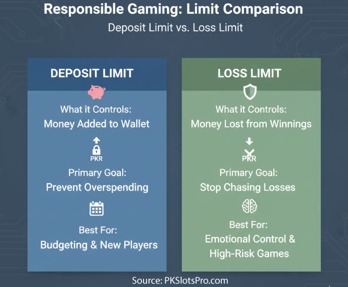 Comparison chart showing deposit limits vs loss limits in casino apps for responsible gaming.