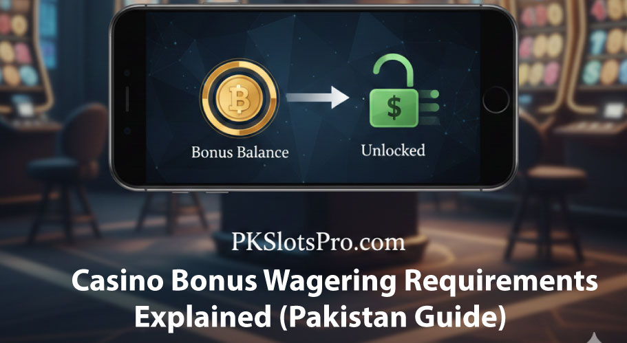 A professional blog header image for PKSlotsPro.com Smartphone showing a locked bonus balance turning into unlocked cash, text "Wagering Explained," casino background.