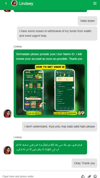 A screenshot of live support of 89F Game where both disscussion on urdu and english language can be seen.
