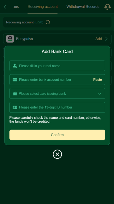 A screenshot of adding payment methods to 89F Game in payments screen where a form can be seen including name, account details bank name and CNIC is required