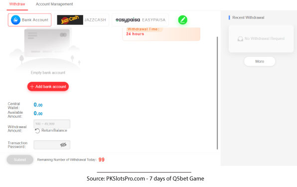 Q5bet bank account binding interface in Pakistan, allowing users to add bank details alongside Easypaisa and JazzCash for secure withdrawals.