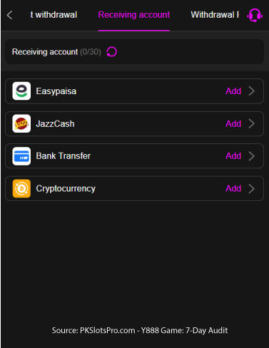 A screenshot taken during payment withdrawl account adding - Last steps of 7 day audit of Y888 Game