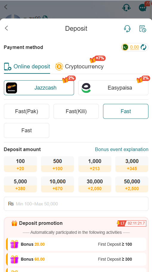 A screnshoot of the payment methods screen of the cw99 game app showing the deposit bonus 2% Jazzcash and easypaisa while showing 7% on cryptocurrency deposits.