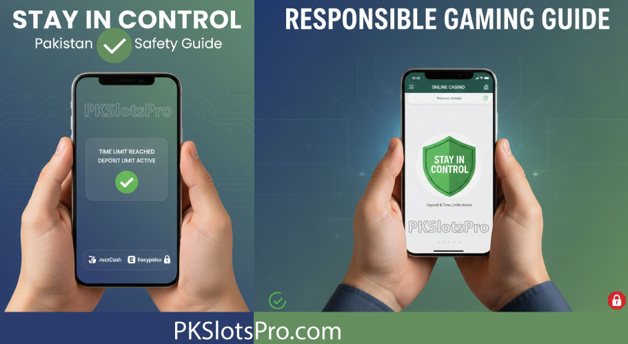 Two mobile screens showing responsible gaming tools and impact of it.