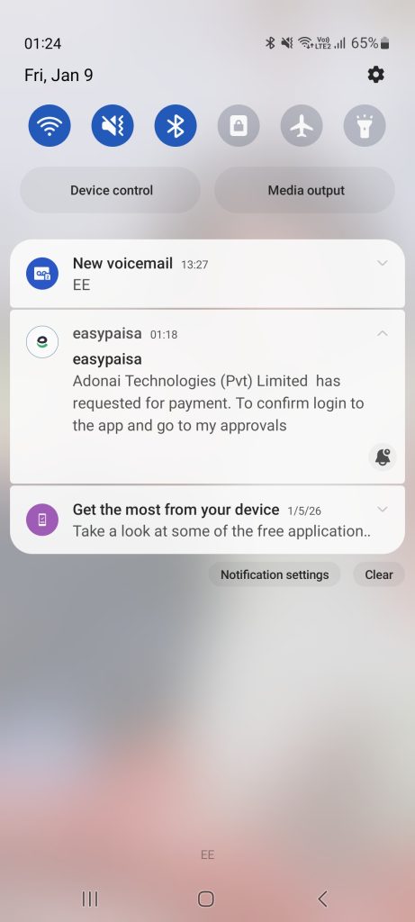 evidence of Easypaisa pushed a request directly to our app on behalf of DK999 Game. Once we approved it, the funds appeared in real time.