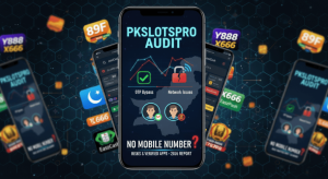 Infographic showing PKSlotsPro audit of Pakistan casino apps with Gmail signup and OTP bypass features.
