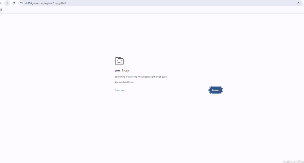 A screenshot of DK999 Game official website crash during day 1 audit of 7-days audit for PKSlotsPro.
