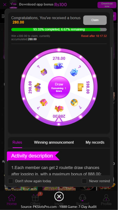Y888 Game signup roulette wheel where Momin Khan won 280 PKR while testing.