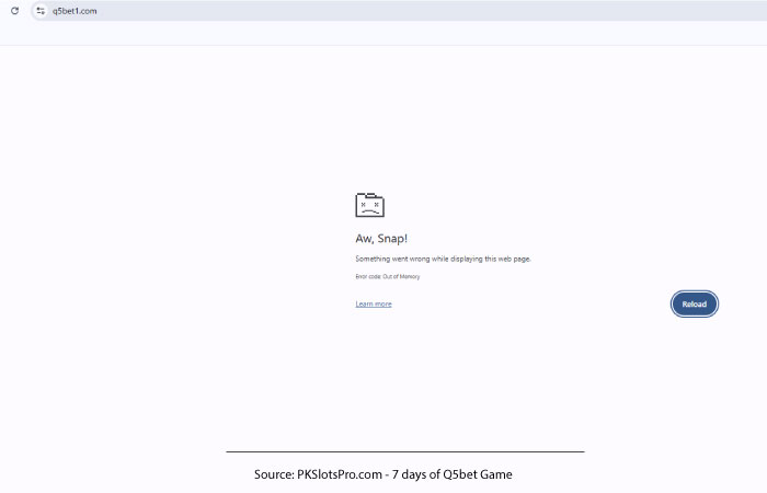 Technical audit screenshot of a Q5bet website crash during metadata inspection, highlighting the platform's stability issues on desktop browsers.
