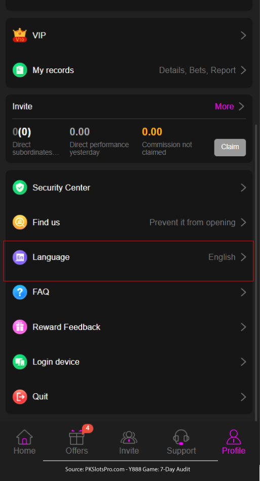 Screenshot of the Y888 Game app settings showing the hidden Urdu language toggle for localized gameplay in Pakistan.
