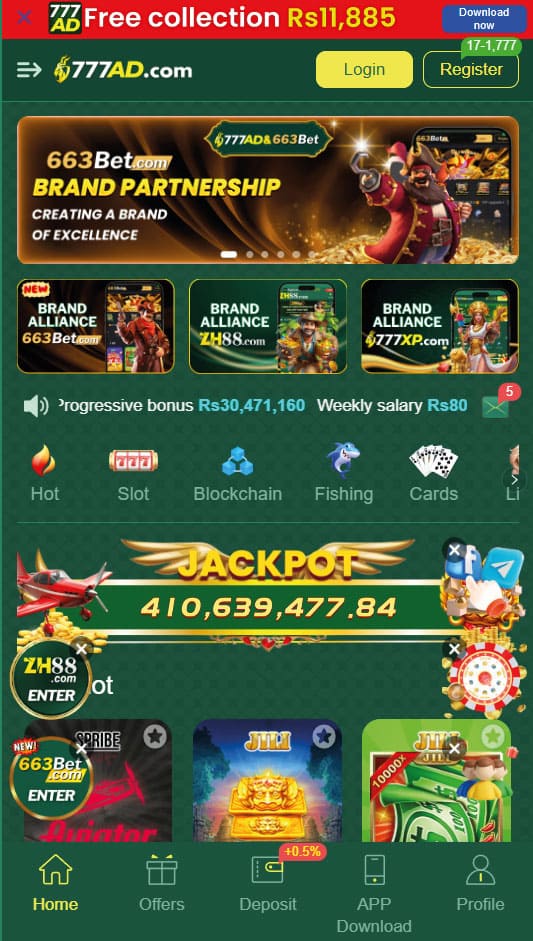 Screenshot of Index Screen of 777AD Game APP Where  Top games, brand partnership banner and navigation menu can be seen.