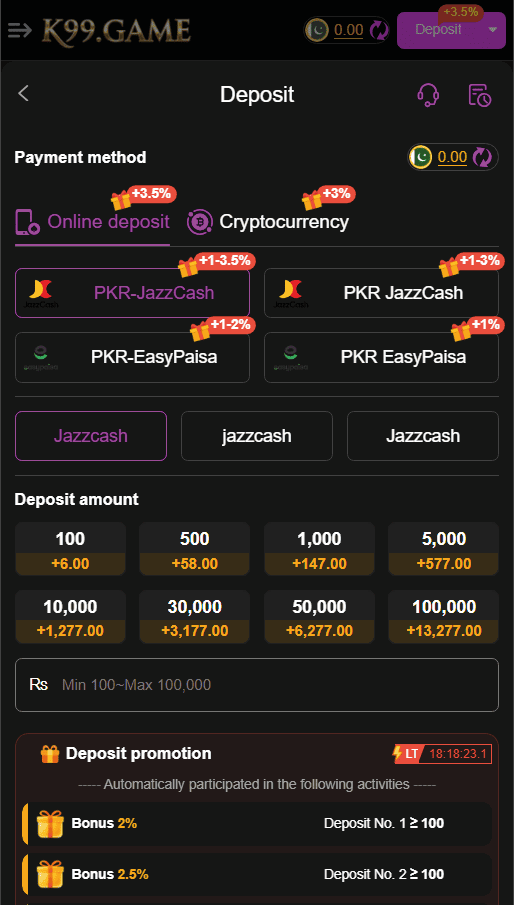 K99 Game deposit screen showing PKR payment options for JazzCash and Easypaisa with various bonus percentages.