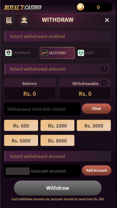 A mobile interface for fund withdrawals showing JazzCash, Easypaisa, and USDT options. It highlights a withdrawal limit between Rs. 600 and Rs. 50,000 with a specific note that JazzCash transfers must exceed Rs. 600.