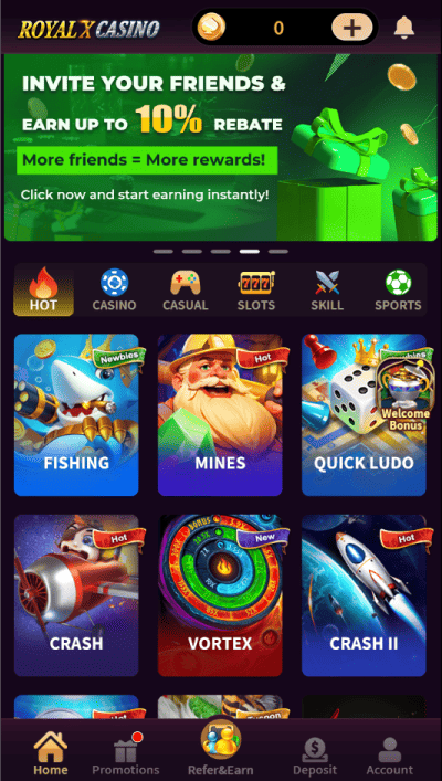 The Royal X Casino main lobby displaying various game categories like "Slots" and "Skill" under a promotional 10% rebate banner. Icons for popular games including "Mines," "Quick Ludo," and "Crash" are visible on a dark purple background.