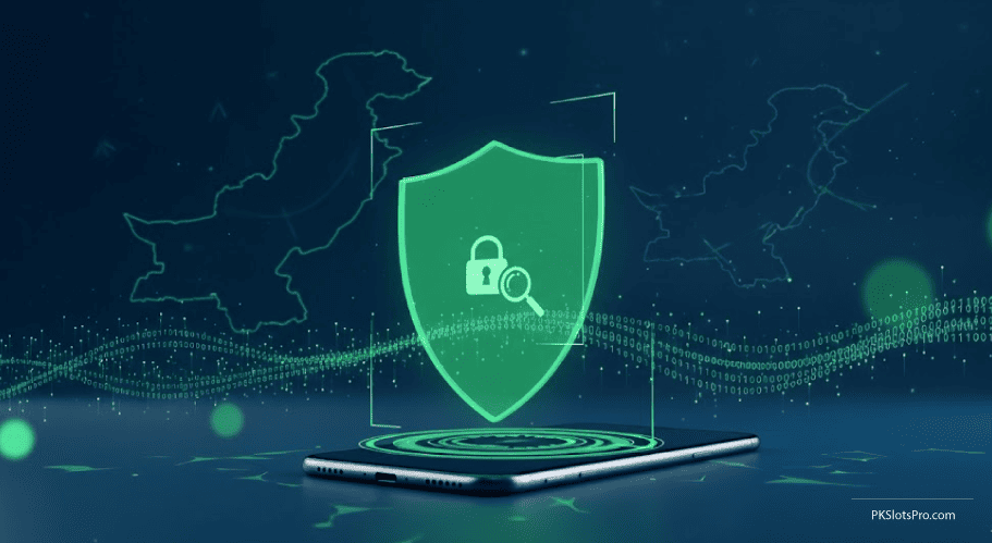Professional blog thumbnail for a guide on checking casino app security in Pakistan. The image features a modern smartphone with a glowing green holographic shield and a 3D padlock icon floating above the screen. A digital 15-point checklist with green checkmarks is visible next to the phone. The background shows a sophisticated dark blue digital workspace with binary code, data graphs, and a subtle glowing outline of the map of Pakistan.