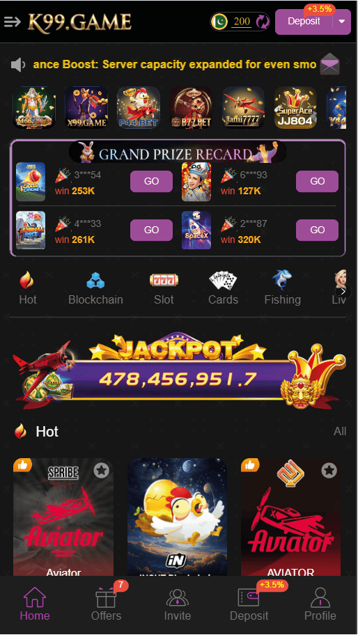 Main interface of the K99 Game app featuring slot games, a jackpot counter, and the Aviator game link.