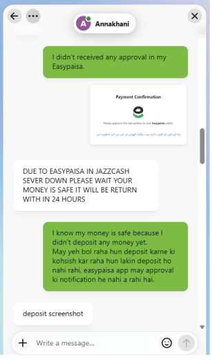 K99 Game customer support chat screenshot showing a user reporting a failed Easypaisa deposit and an unhelpful agent response.