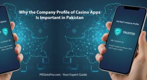 A professional digital illustration of a smartphone showing a verified company profile shield, overlaid on a glowing network map of Pakistan, symbolizing transparency and security in casino apps.