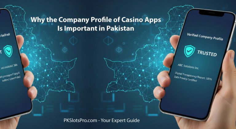 A professional digital illustration of a smartphone showing a verified company profile shield, overlaid on a glowing network map of Pakistan, symbolizing transparency and security in casino apps.