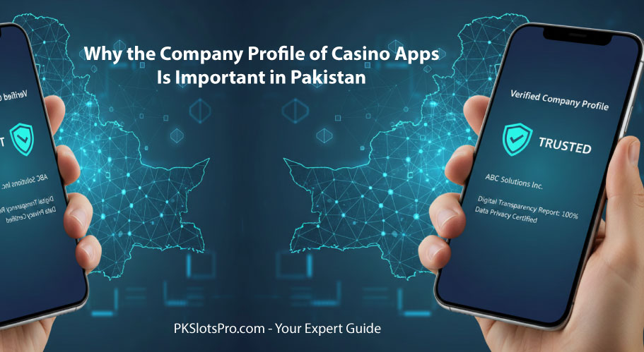 A professional digital illustration of a smartphone showing a verified company profile shield, overlaid on a glowing network map of Pakistan, symbolizing transparency and security in casino apps.