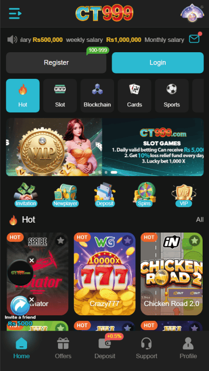 Index screen of CT999 Game featuring games and bonus details with login and register buttons.