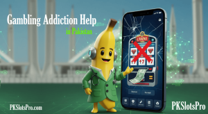 A professional-looking 3D illustration featuring a fruit banana (healthy diet) character dressed as a doctor, standing next to a large smartphone showing a gambling slot machine app with a red 'X' through it. In the background, the blurred silhouette of the Faisal Mosque in Islamabad is visible, representing Pakistan. The image includes the title 'Gambling Addiction Help in Pakistan with PKSlotsPro branding in the bottom of the image.