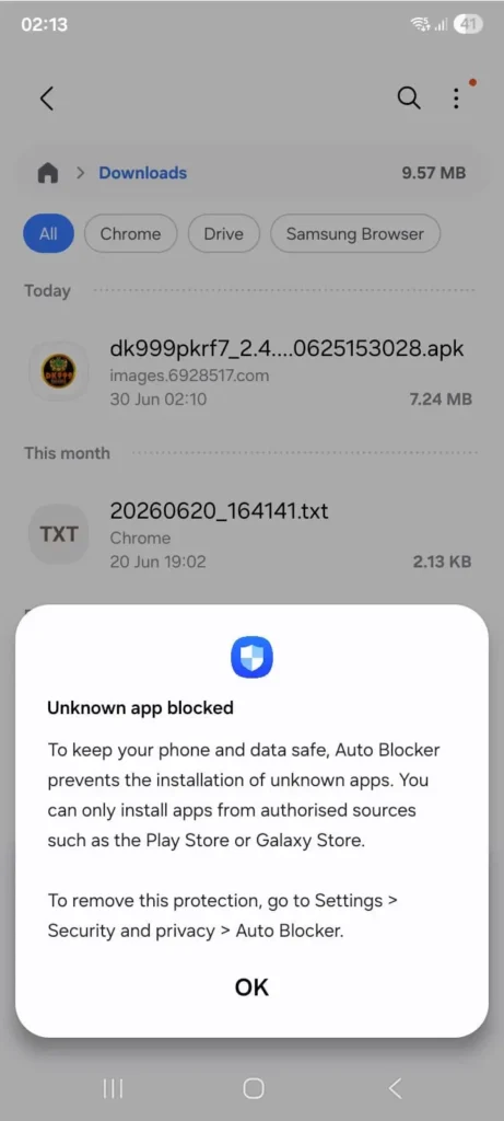 A screenshot of mobile phone where trying to install DK999 showing blocked app popup a security feature of Samsung mobile called auto blocker.