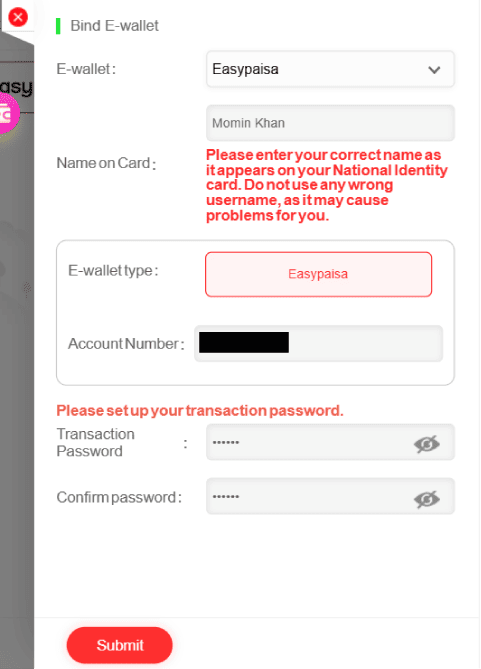 The WE999 Game account binding screen showing fields for Easypaisa e-wallet details, account number, and transaction password setup.