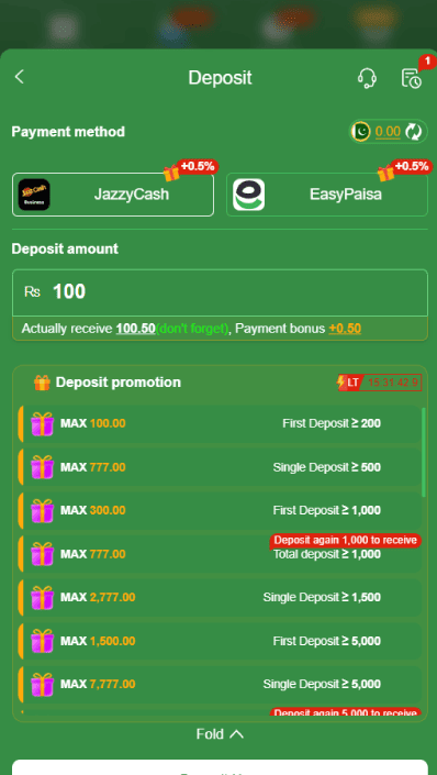 777CX deposit screen showing JazzCash and Easypaisa payment methods with 100 PKR minimum deposit bonus.