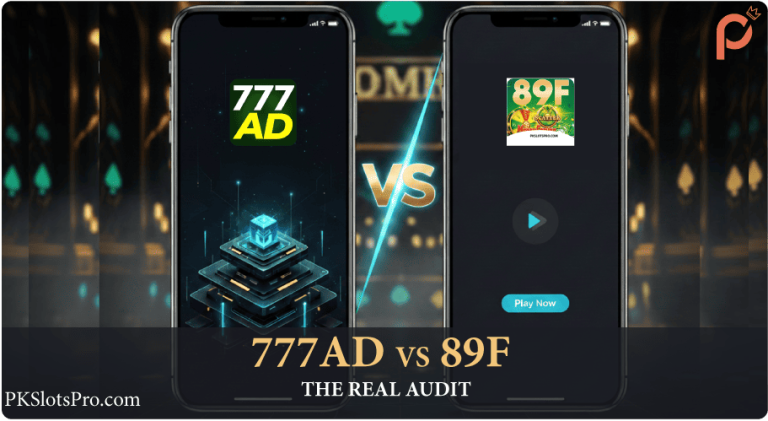 Two smart phones showing 777ad game and 89f game parallel to each other with text 777ad vs 89f the real audit