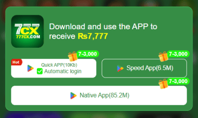 777CX app download screen showing Quick App PWA, Speed App, and Native APK options for Android.