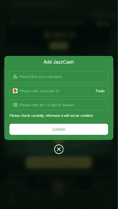 777CX withdrawal verification screen requiring real name and CNIC number for JazzCash payouts.
