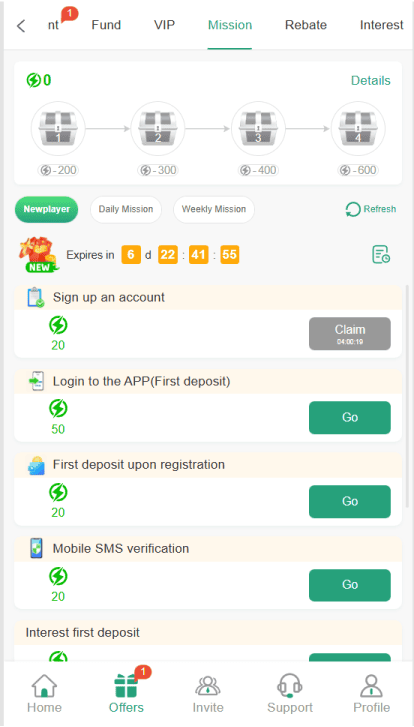 RS177 mission center showing energy point rewards, mystery boxes, and new player signup tasks.