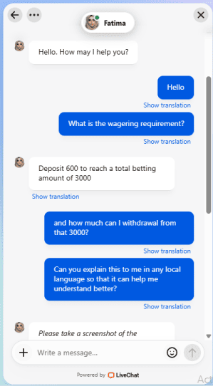 Live chat transcript with RS177 customer support representative Fatima regarding wagering requirements.