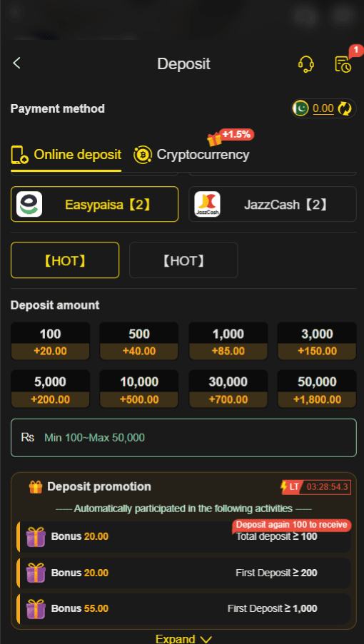 H555 Game deposit menu featuring JazzCash and Easypaisa payment methods with available first deposit bonuses and promotion tiers