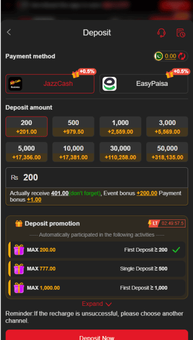 Deposit interface of ZC777 Game app showing payment options for JazzCash and EasyPaisa with available deposit amounts and a 1x wagering bonus promotion for Pakistani players.