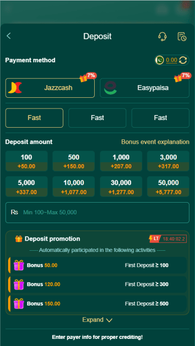 10s Bet deposit interface showing automated JazzCash and Easypaisa payment options with PKR bonus tiers.