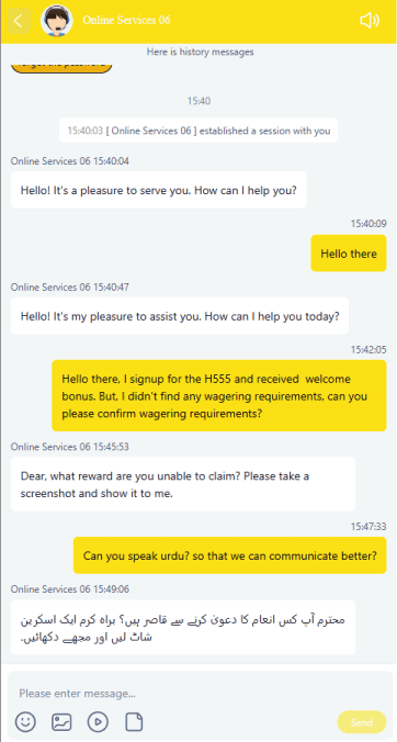 H555 Game live customer support chat interface showing Urdu language assistance and bonus query resolution for Pakistani players