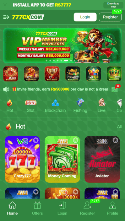 777CX Game lobby dashboard featuring JILI slots, Aviator, and VIP member rewards for Pakistani players.