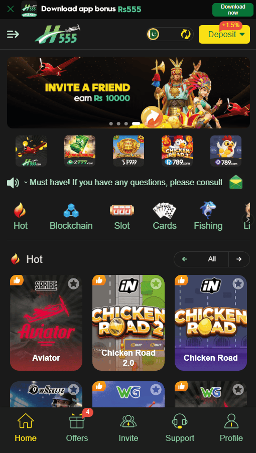 H555 Game mobile app dashboard displaying popular slots like Aviator and Chicken Road with Invite-a-Friend Rs 10,000 earning banner.