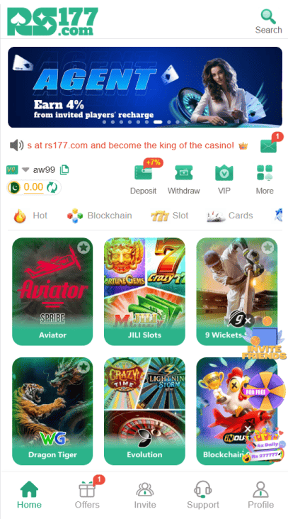 RS177 app home screen showing game categories like Aviator, JILI Slots, and Cricket betting for Pakistani players.