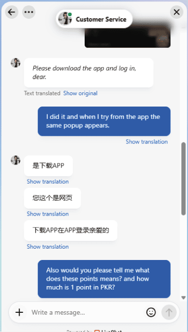 Live chat interface of W567 Game showing automated translation features and customer service responses for Pakistani users.