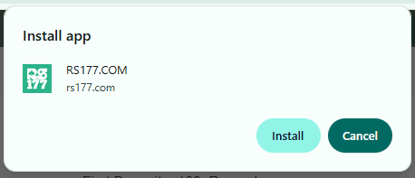 RS177 Progressive Web App (PWA) installation prompt on a mobile browser for direct access in Pakistan.
