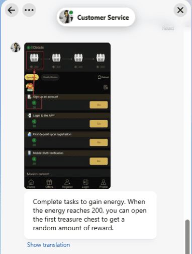 W567 Game customer support chat explaining the Energy points system and how to unlock treasure chest rewards through missions.