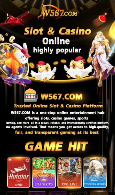 Index page of W567.com online slot and casino platform promotional banner featuring Aviator, Jili Slots, Evo Live, and 9Wickets sports betting options.