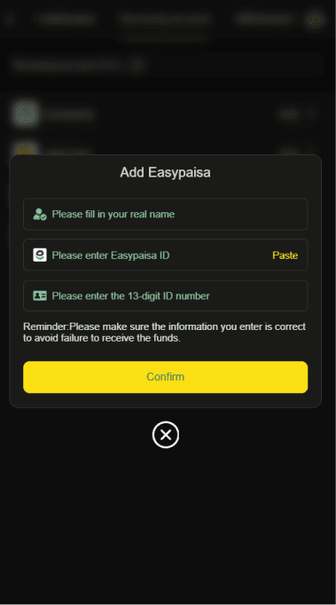 H555 Game APK withdrawal screen showing the "Add Easypaisa" form requiring real name, wallet ID, and 13-digit CNIC number.