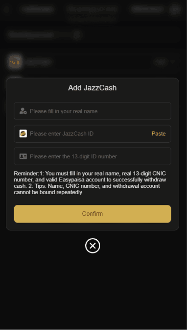 W567 Game withdrawal setup screen requiring real name, JazzCash ID, and 13-digit CNIC number for cashouts in Pakistan.
