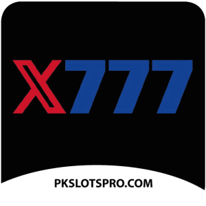 Official X777 Game logo featuring a red 'X' and blue '777' text on a black background, branded for PKSlotsPro.com